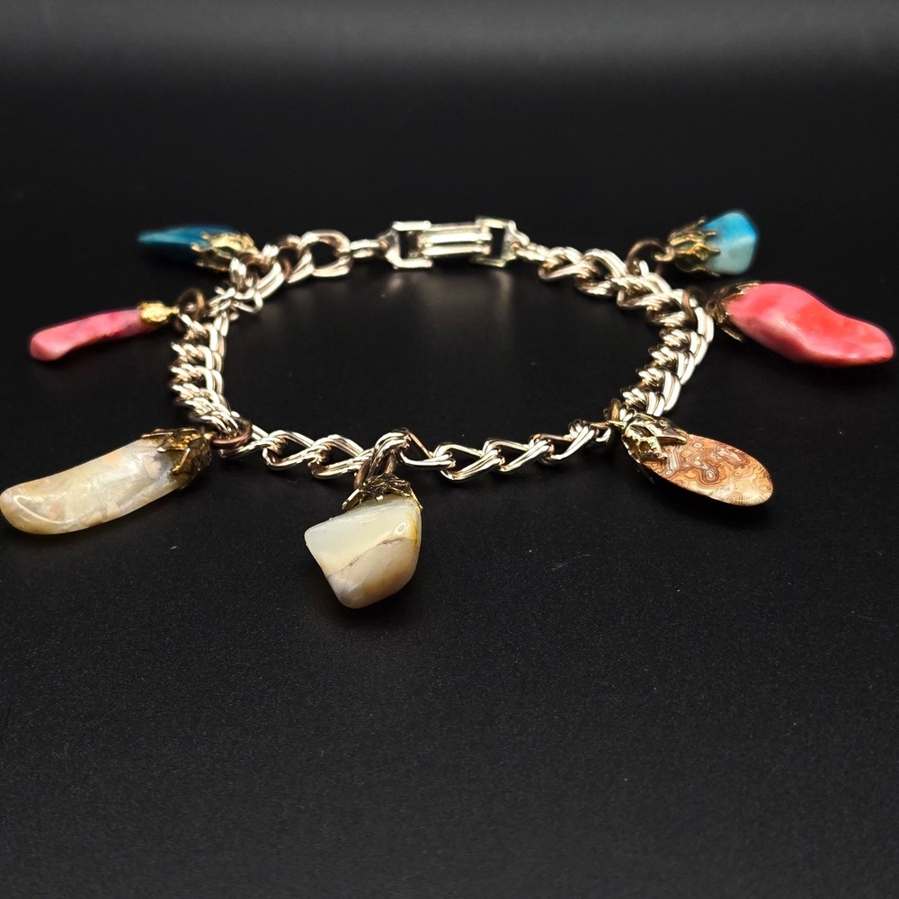 Vintage Germany Gold Tone Double Link Multi Color Tumbled Stone Charm‎ Bracelet - Picture 2 of 7